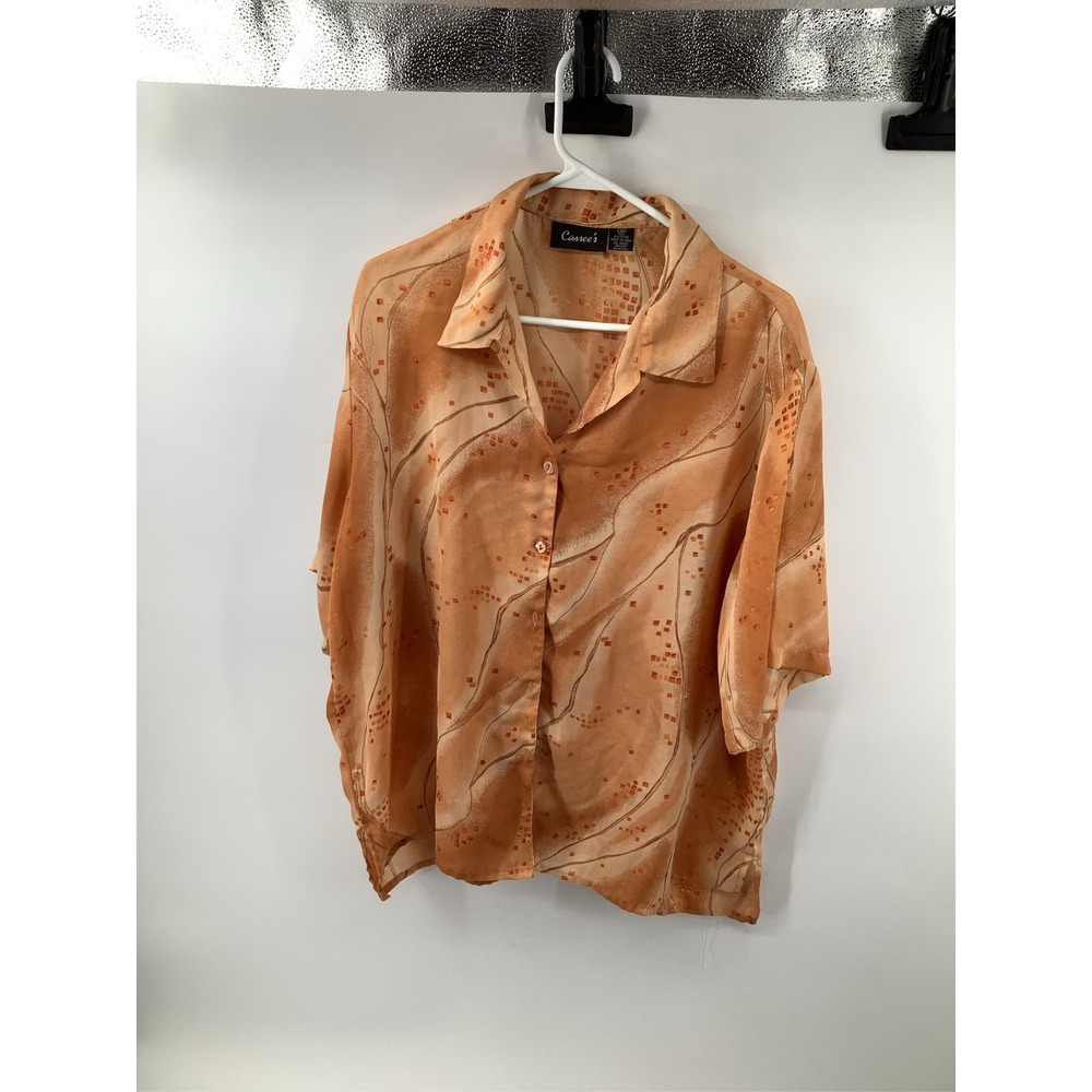 Cassee's Womens 3X Orange Abstract Geometric Short Sleeve Button Up Blouse Top